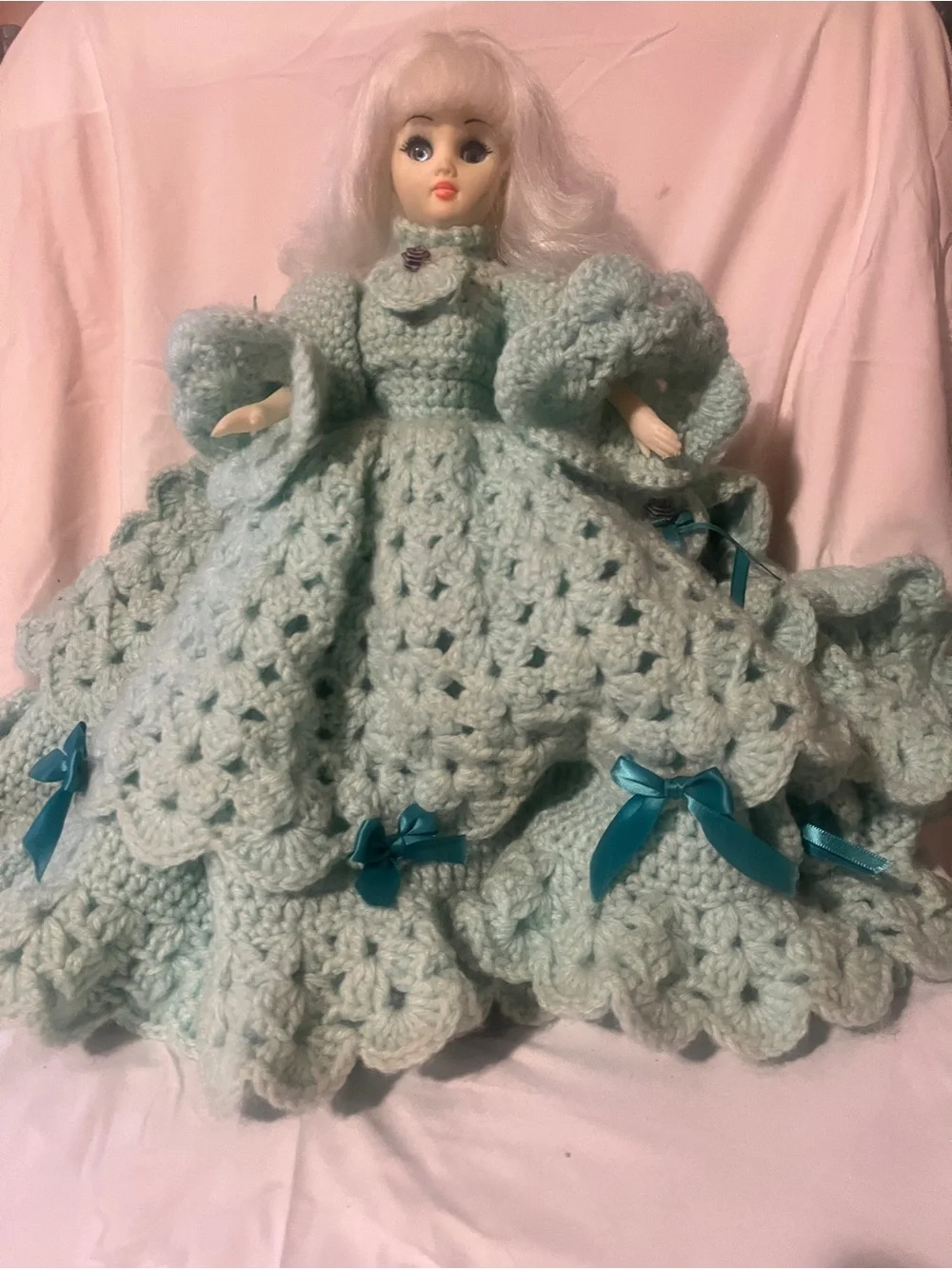 Vintage Doll with Handmade Light Aqua Crochet Dress with Ribbon Accents